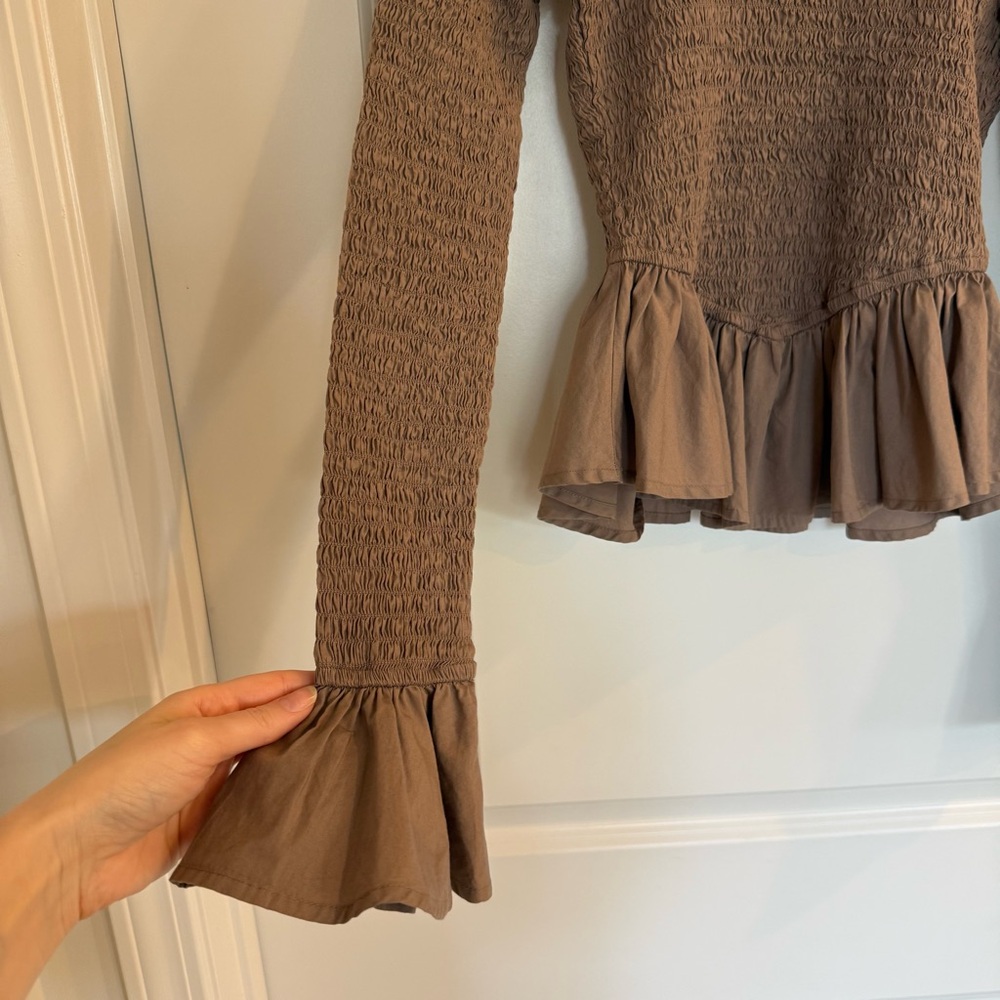 Free People Tropical Vibes Smocked Peplum Long Sleeve Top-Brown - Picture 6 of 8